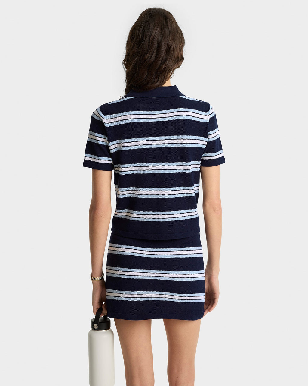 Serif Logo Silk Pique Cropped Polo - Navy/White/Flax Blue