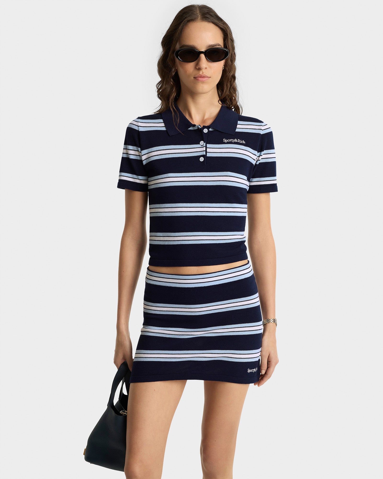 Serif Logo Silk Pique Aline Skirt - Navy/White/Flax Blue