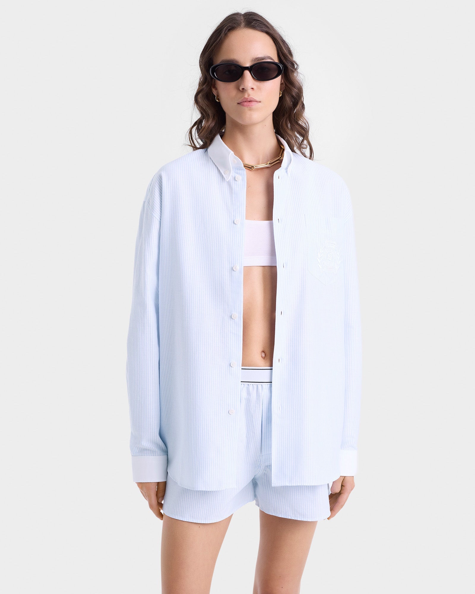 H&W Crest Oversized Oxford Shirt - Blue/White Thin Stripe