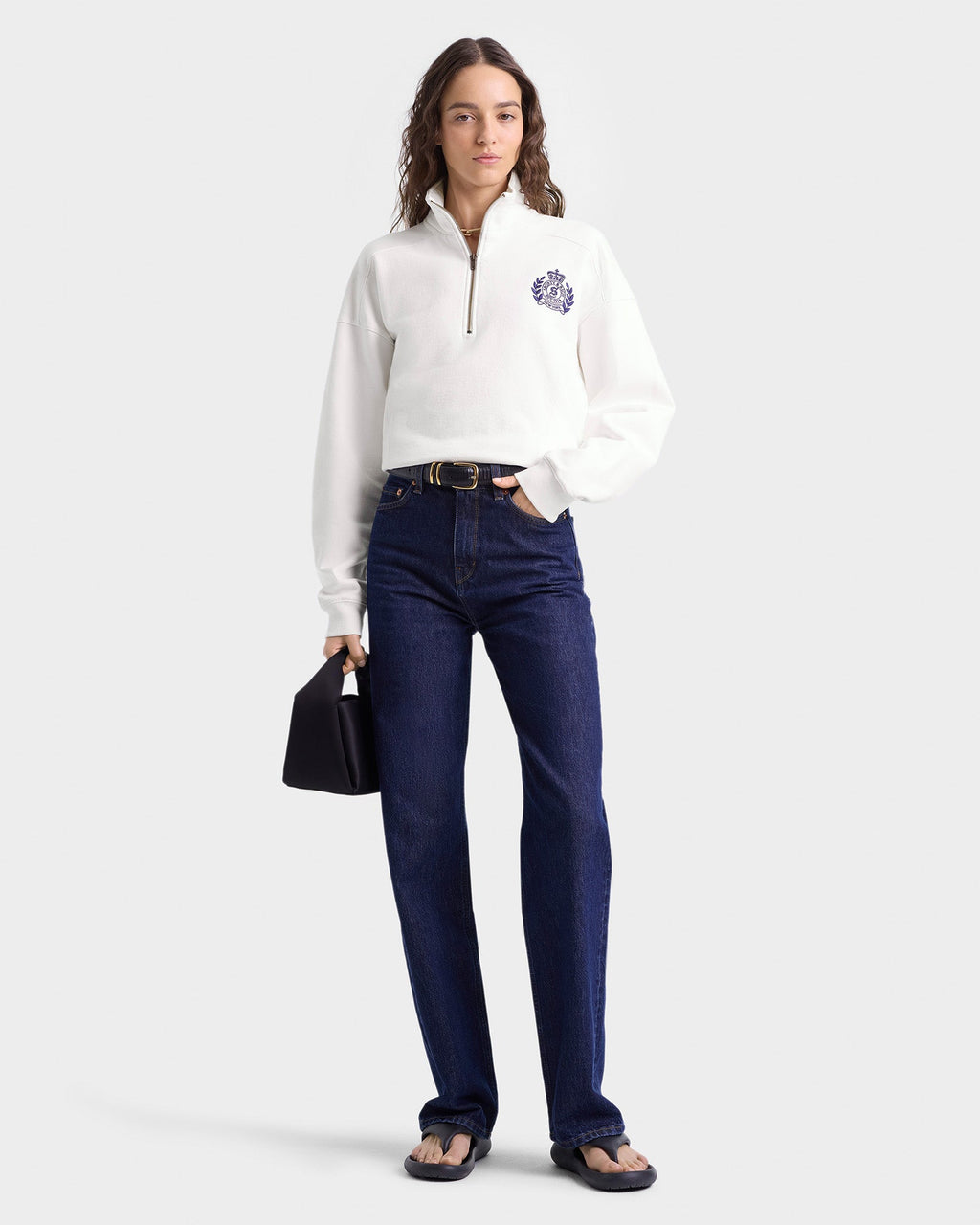 H&W Crest Embroidered Quarter Zip - White/Navy