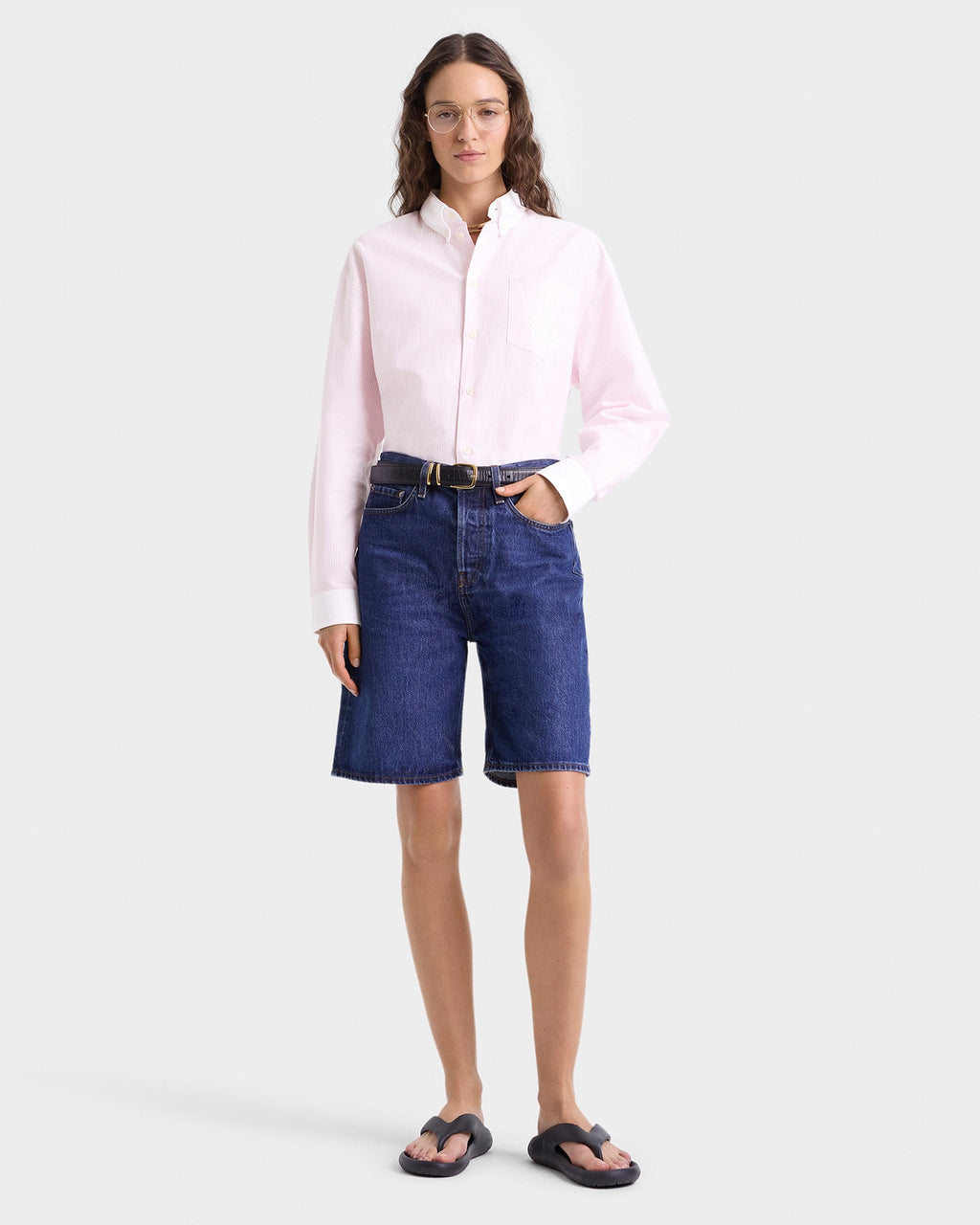H&W Crest Oversized Oxford Shirt - Pink/White Thin Stripe