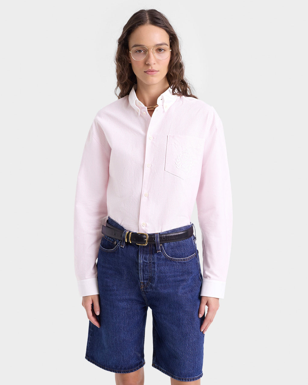 H&W Crest Oversized Oxford Shirt - Pink/White Thin Stripe