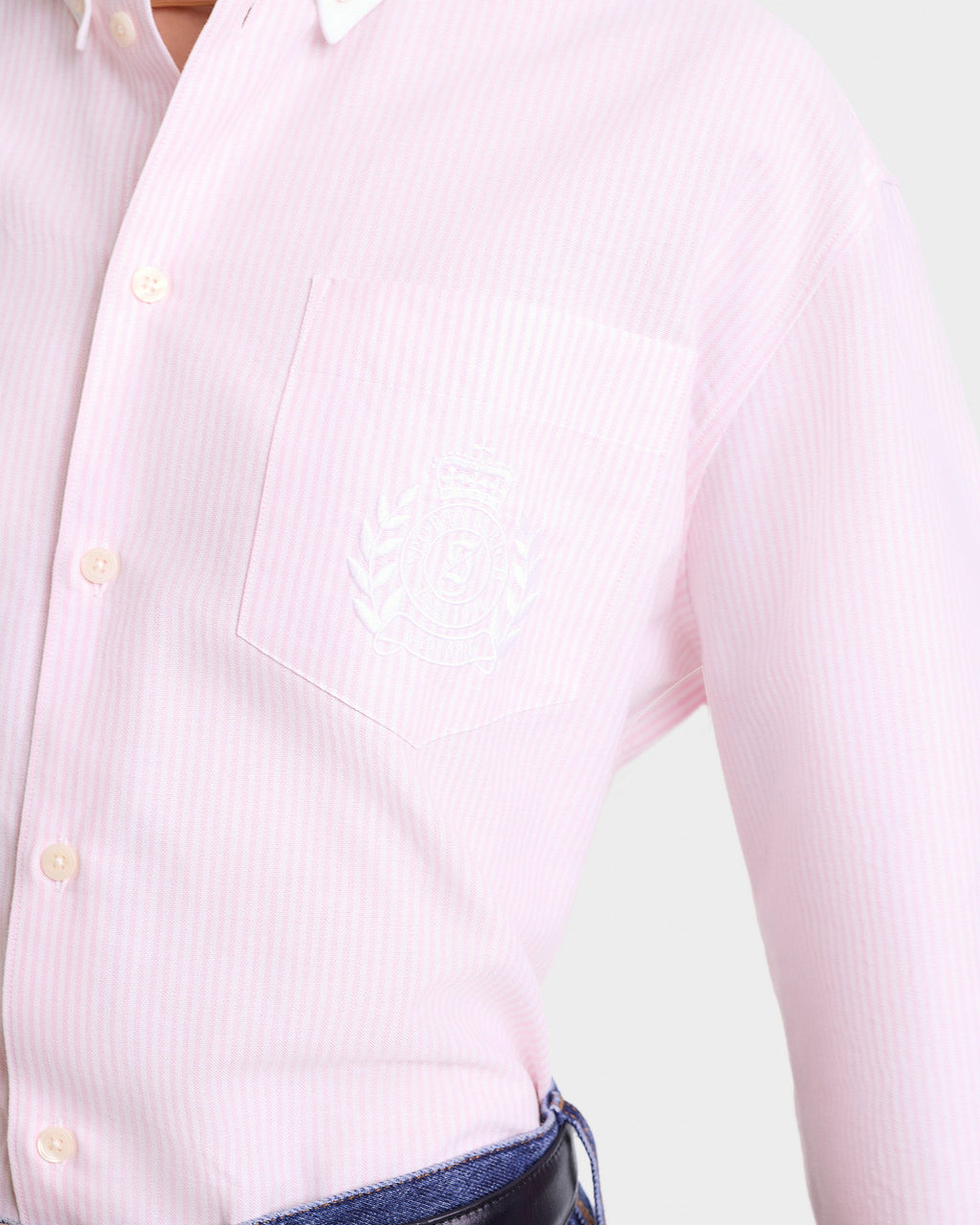 H&W Crest Oversized Oxford Shirt - Pink/White Thin Stripe