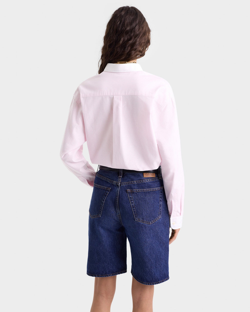 H&W Crest Oversized Oxford Shirt - Pink/White Thin Stripe