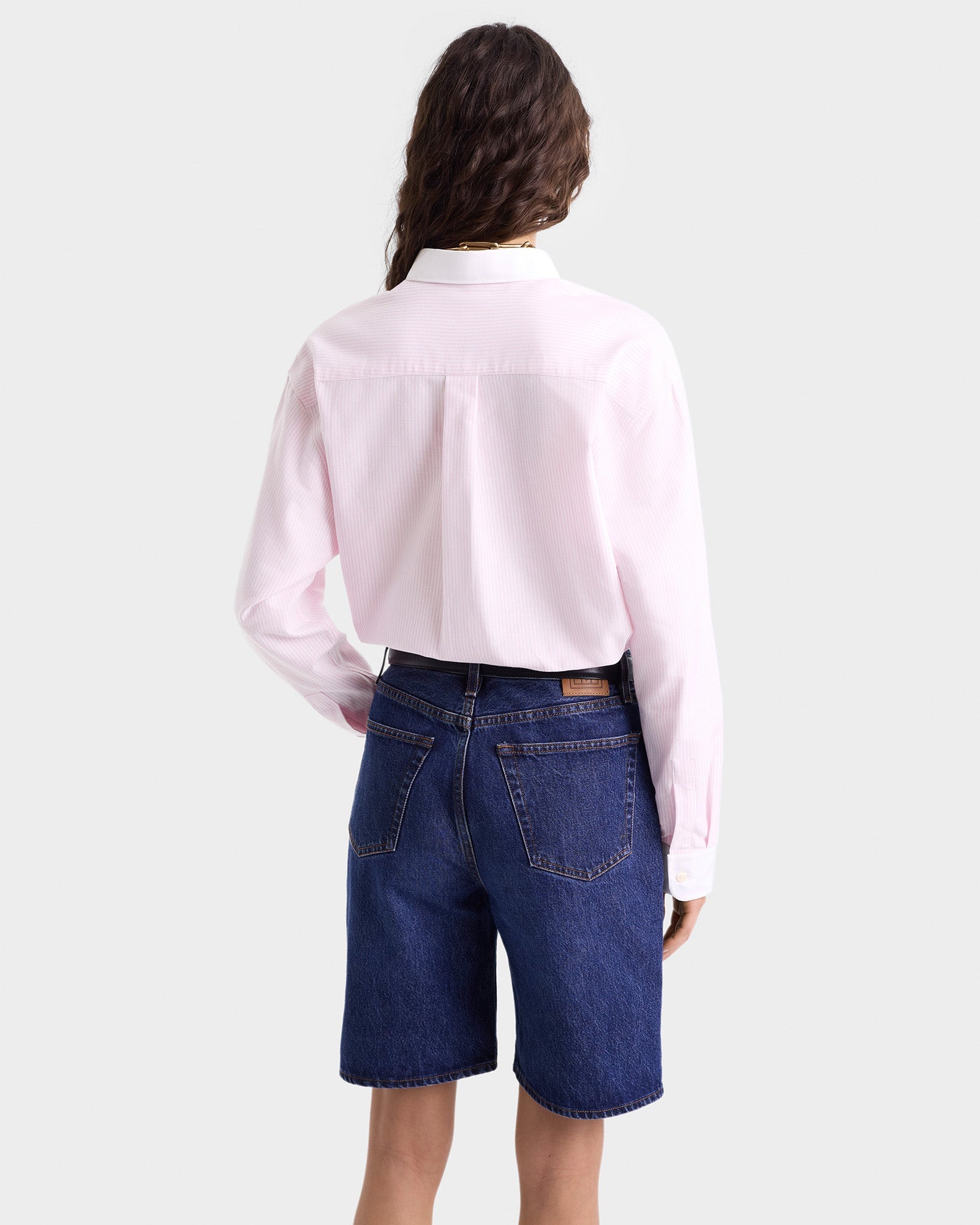 H&W Crest Oversized Oxford Shirt - Pink/White Thin Stripe