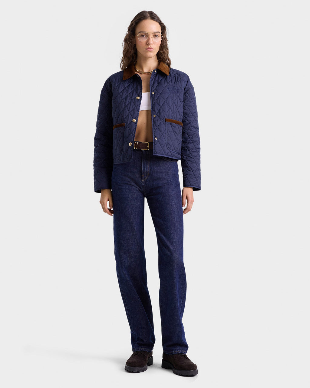 H&W Crest Nylon Cropped Quilted Jacket - Navy