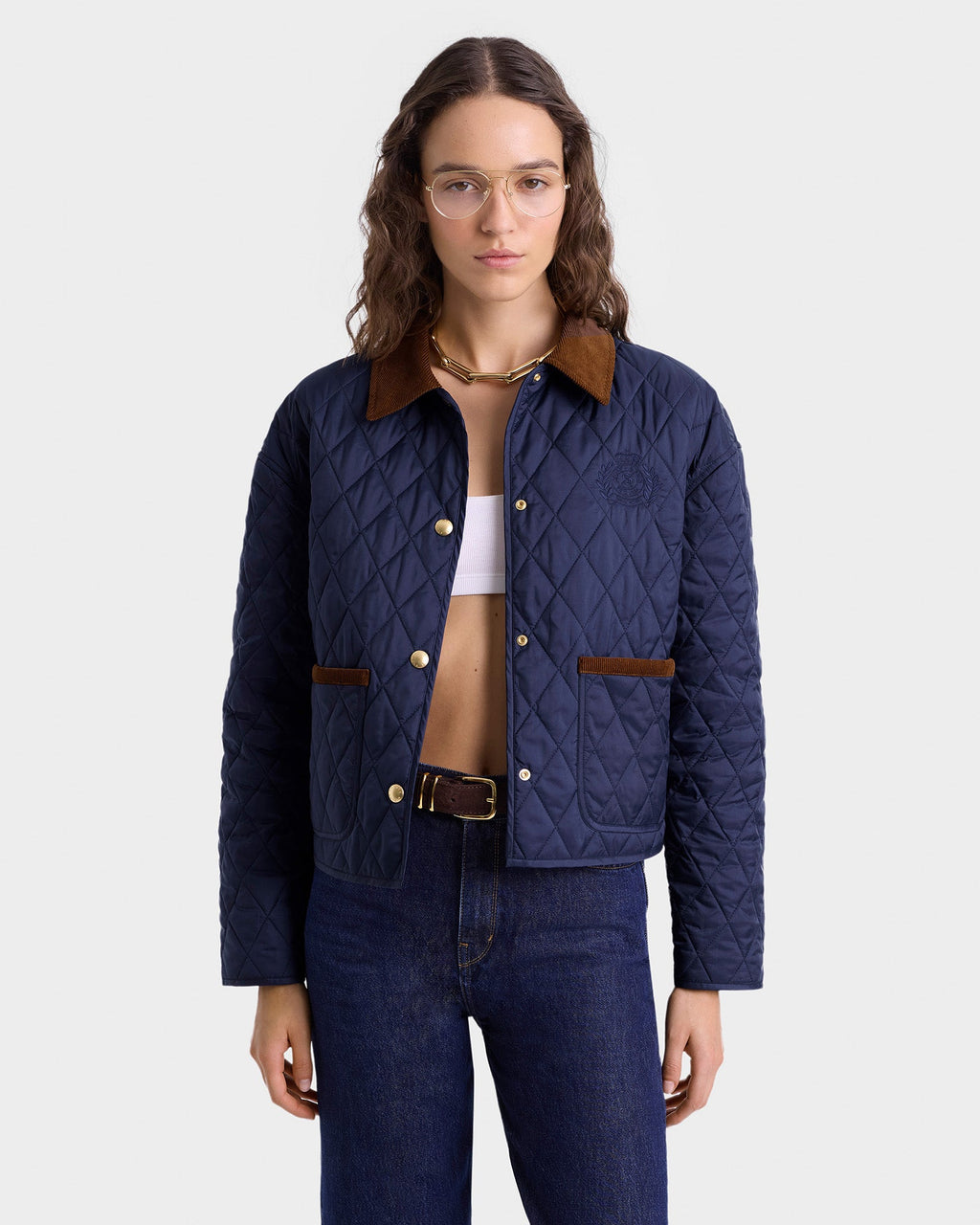 H&W Crest Nylon Cropped Quilted Jacket - Navy