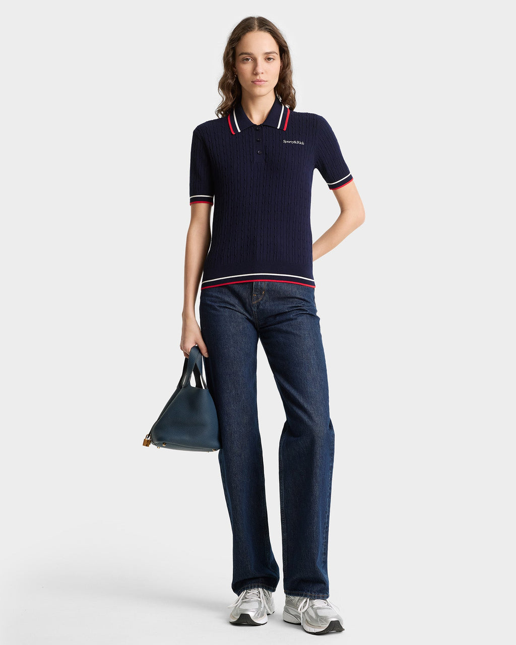 Serif Logo Mini Cable Polo - Navy/White/Ruby