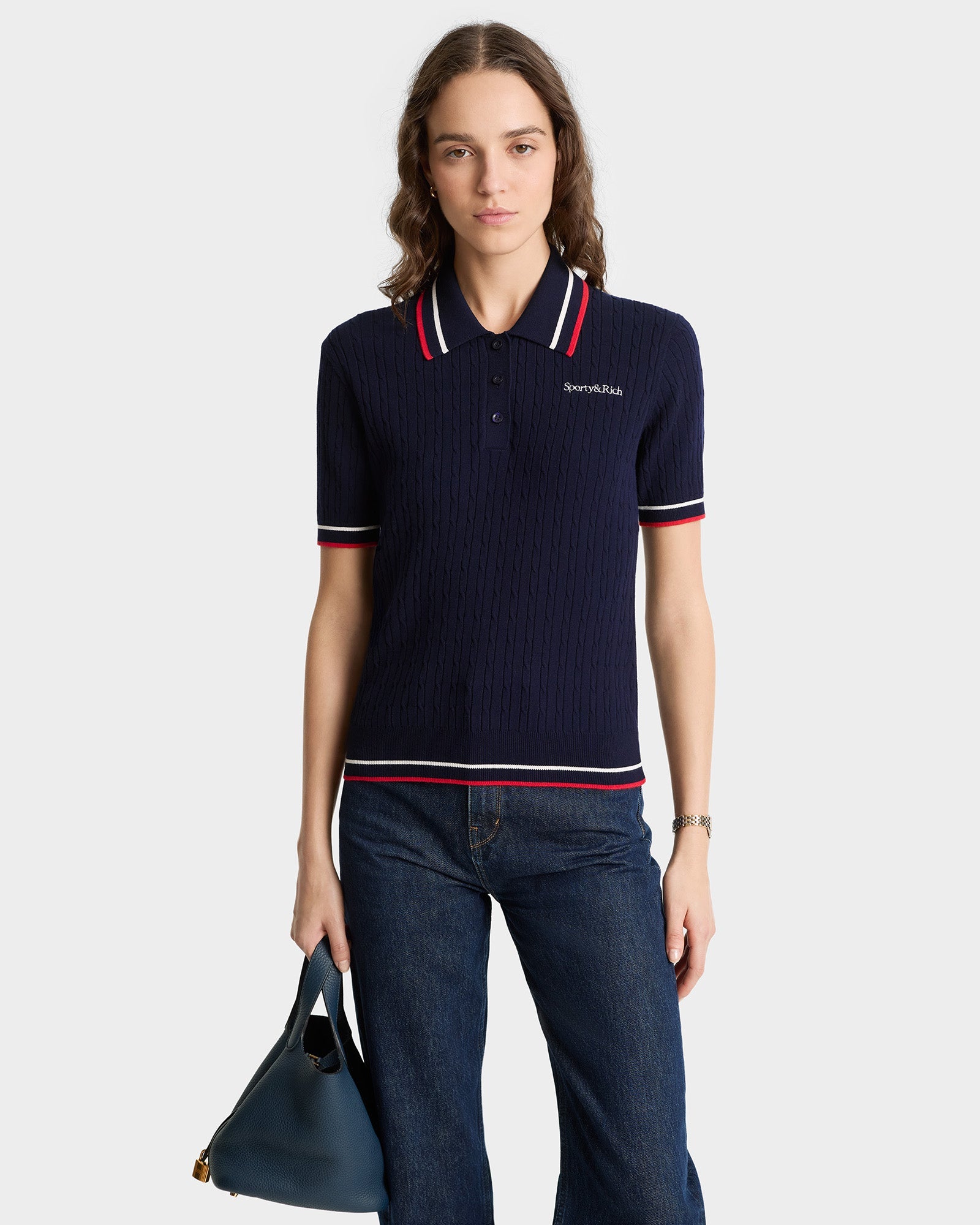 Serif Logo Mini Cable Polo - Navy/White/Ruby