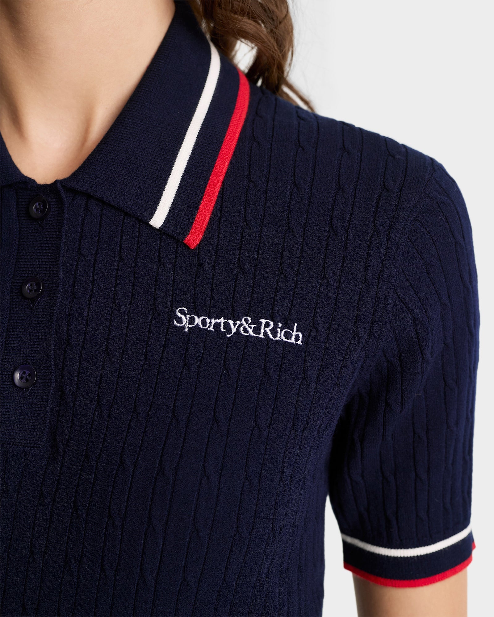 Serif Logo Mini Cable Polo - Navy/White/Ruby