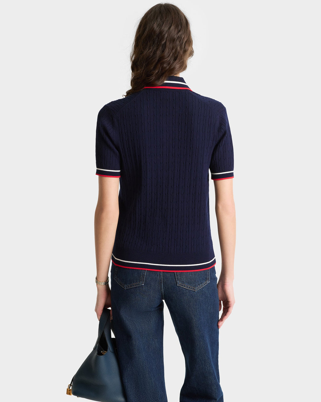 Serif Logo Mini Cable Polo - Navy/White/Ruby