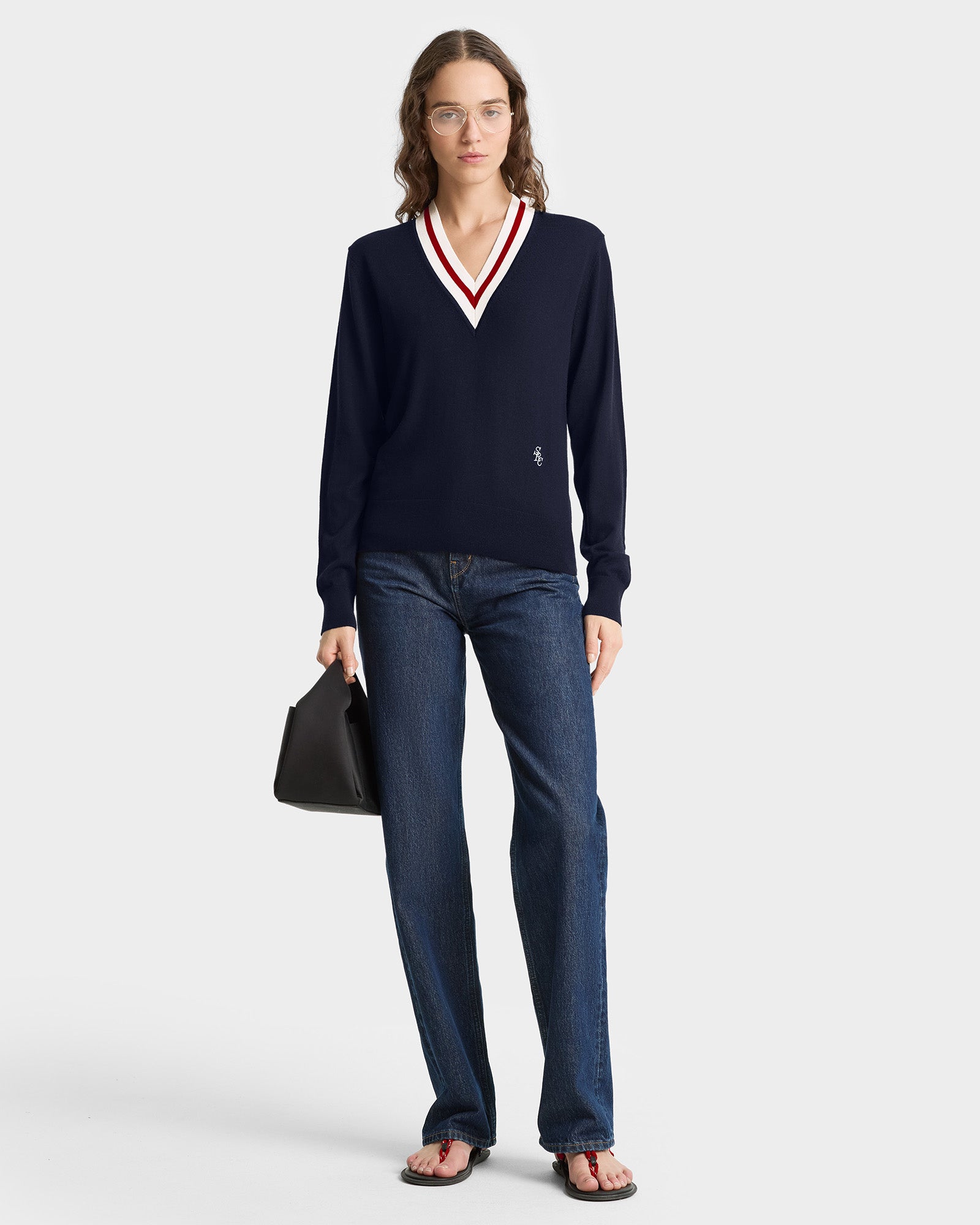 SRC Minimalist V-Neck Sweater - Navy/Ecru/Ruby