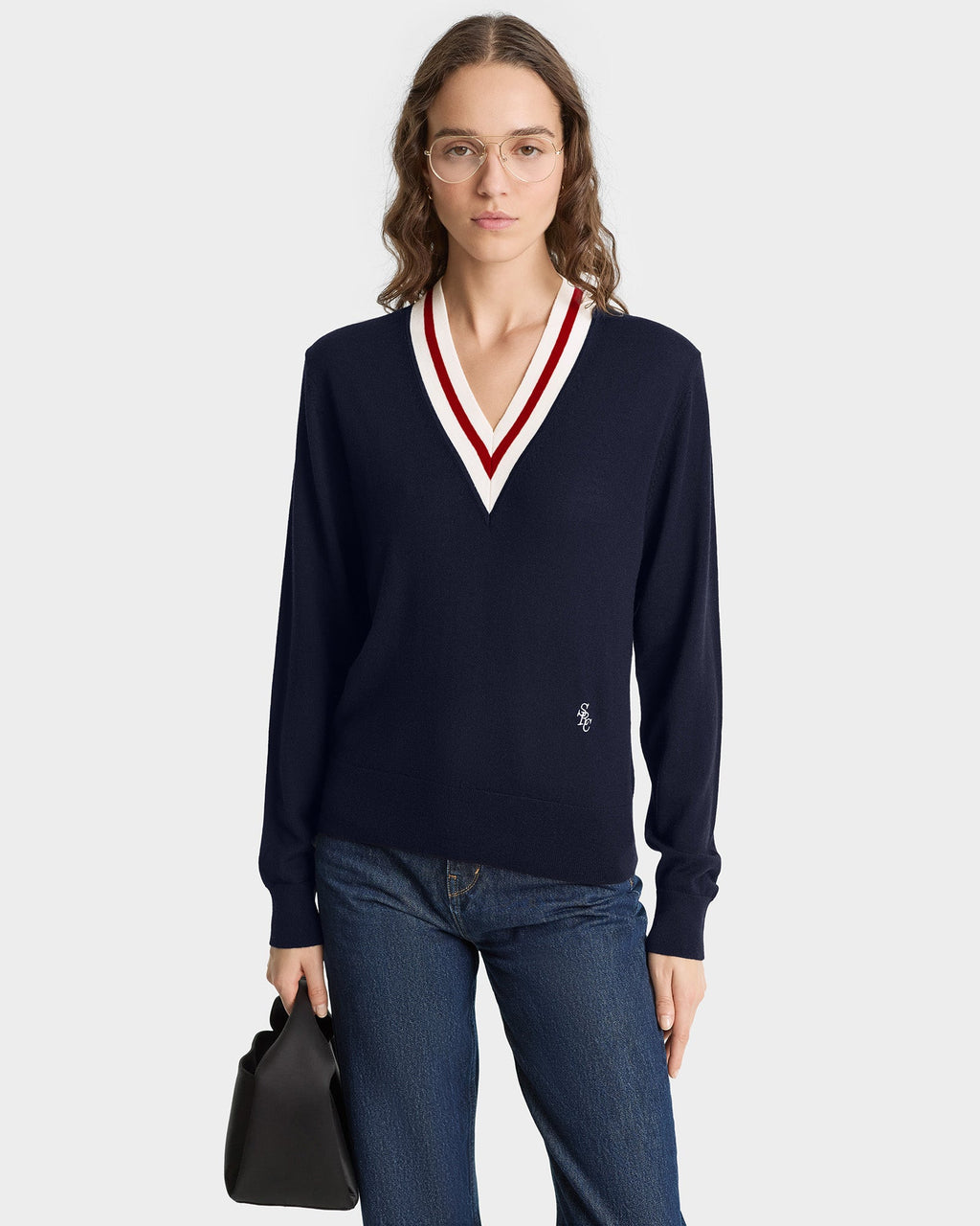 SRC Minimalist V-Neck Sweater - Navy/Ecru/Ruby
