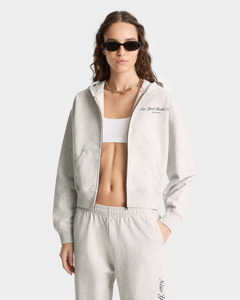 NY Health Club Cropped Zip Hoodie - Heather Gray/Navy