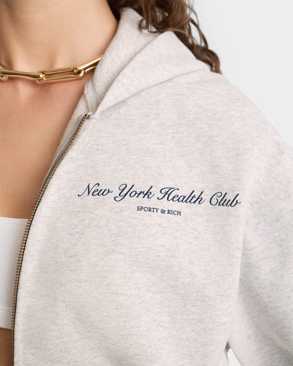NY Health Club Cropped Zip Hoodie - Heather Gray/Navy