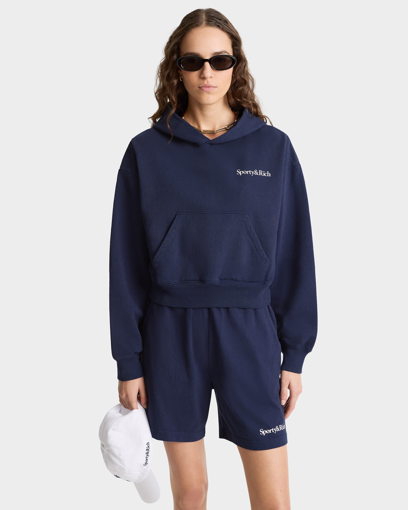 Health is Wealth Cropped Hoodie - Navy/White/Fire Red