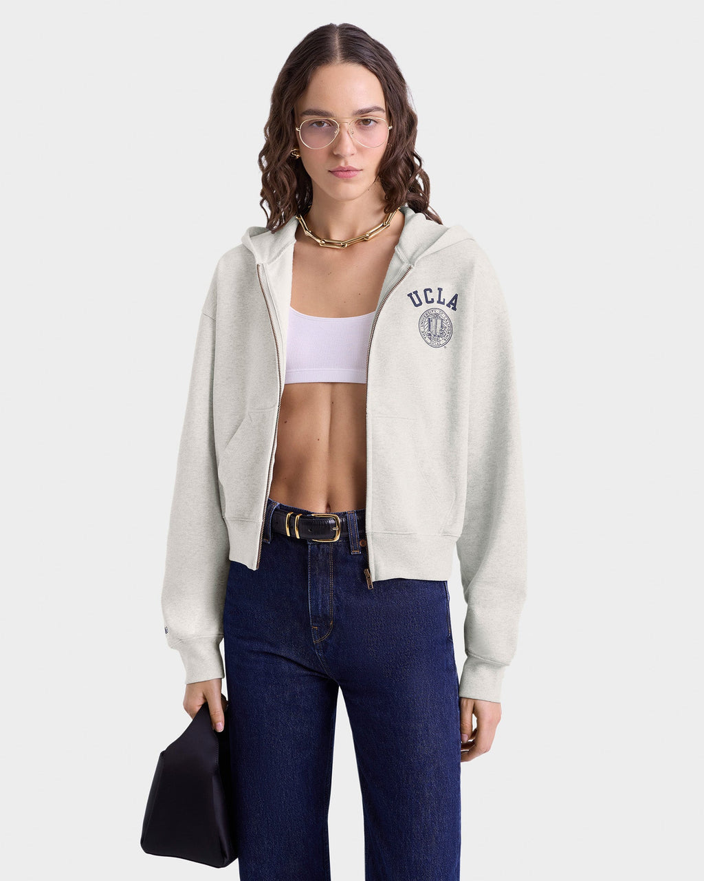 UCLA Crest Cropped Zip Hoodie - Heather Gray/Navy