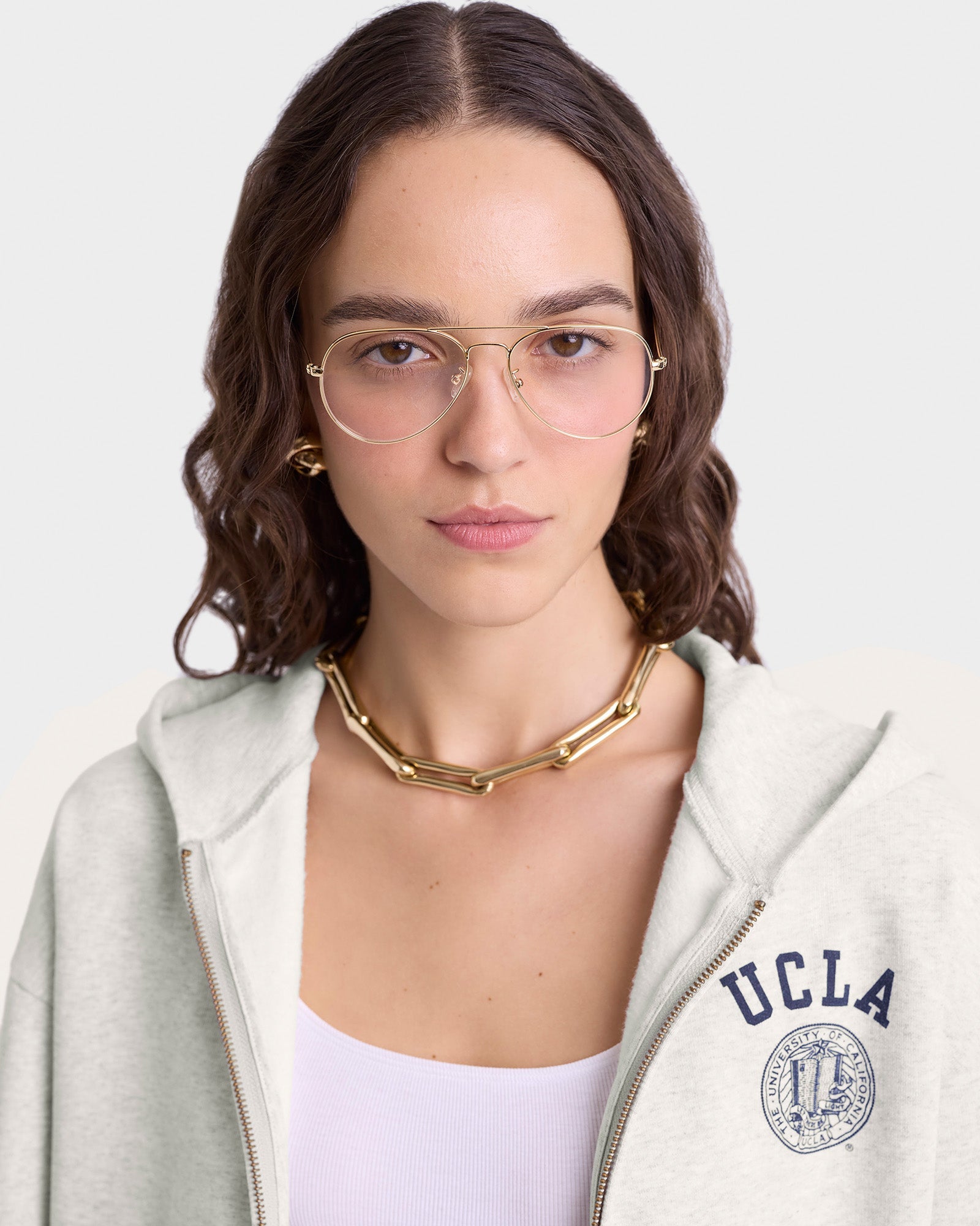 UCLA Crest Cropped Zip Hoodie - Heather Gray/Navy