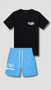 AMIRI Floral Bloom Co-ord Set (Black Tee & Sky Blue Shorts)