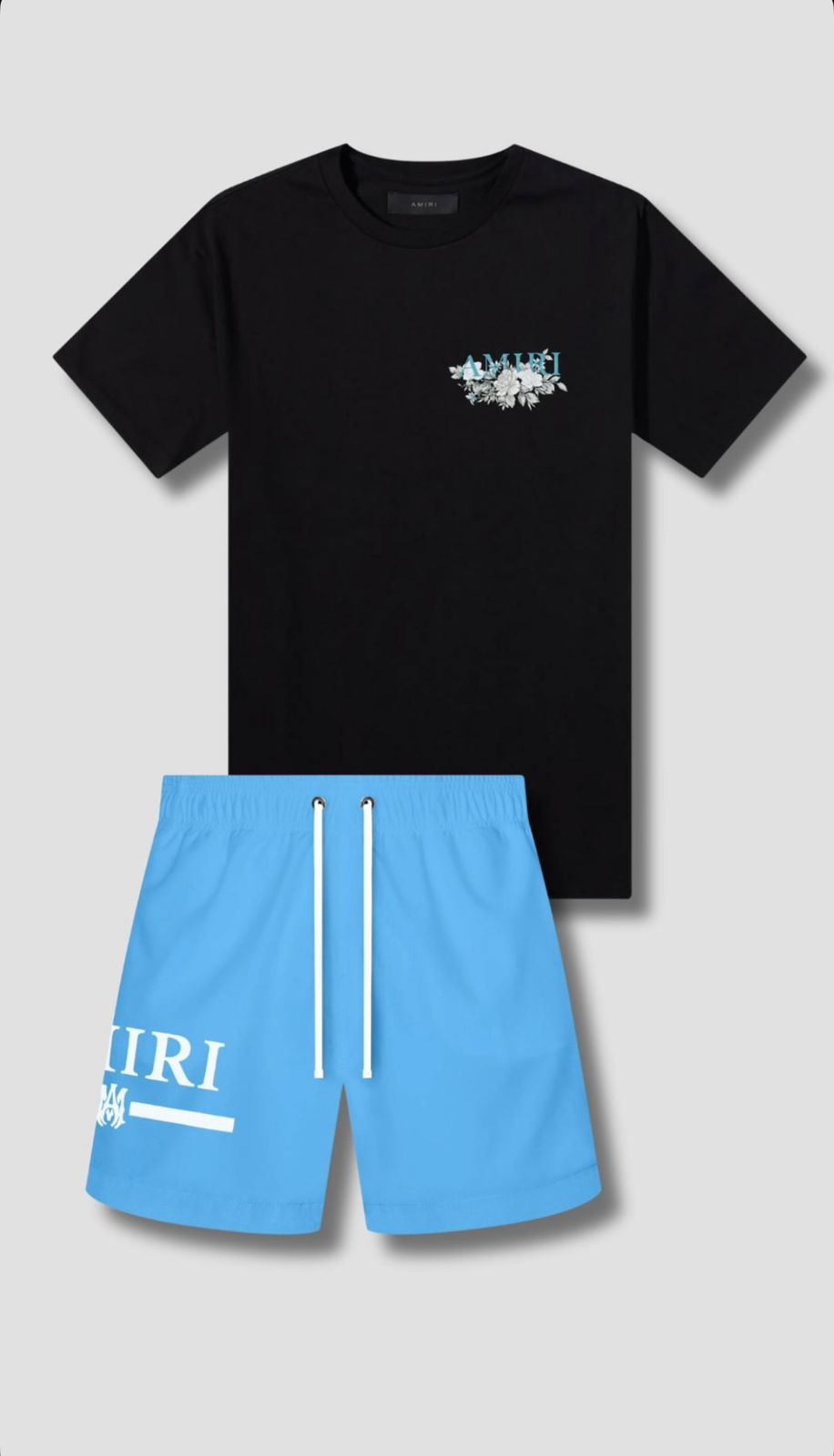 AMIRI Floral Bloom Co-ord Set (Black Tee & Sky Blue Shorts)