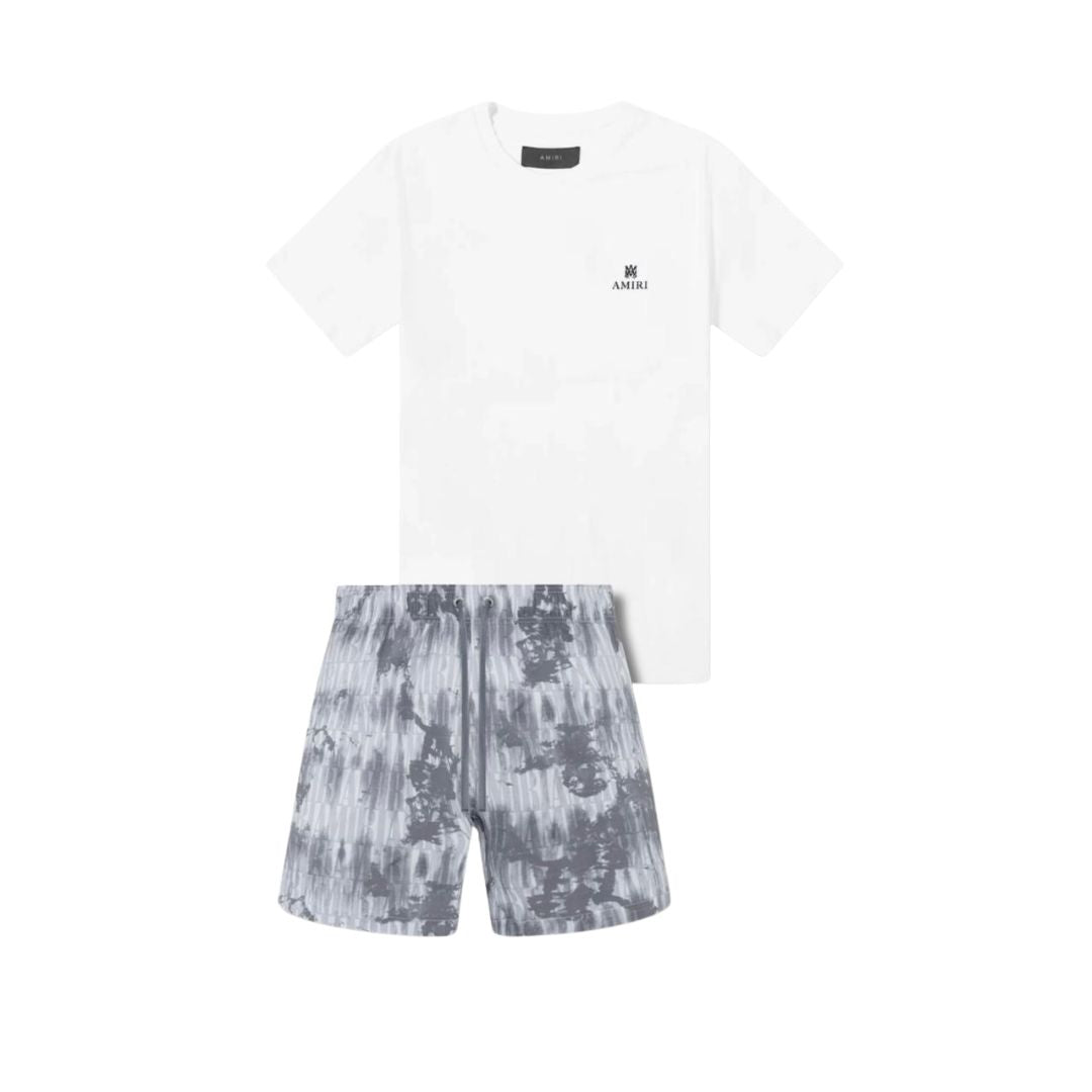 AMIRI Monochrome Splash Co-ord Set (White Tee & Grey Patterned Shorts)