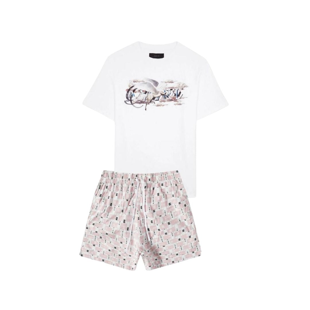 AMIRI Desert Mirage Co-ord Set (White Graphic Tee & Pink Printed Shorts)