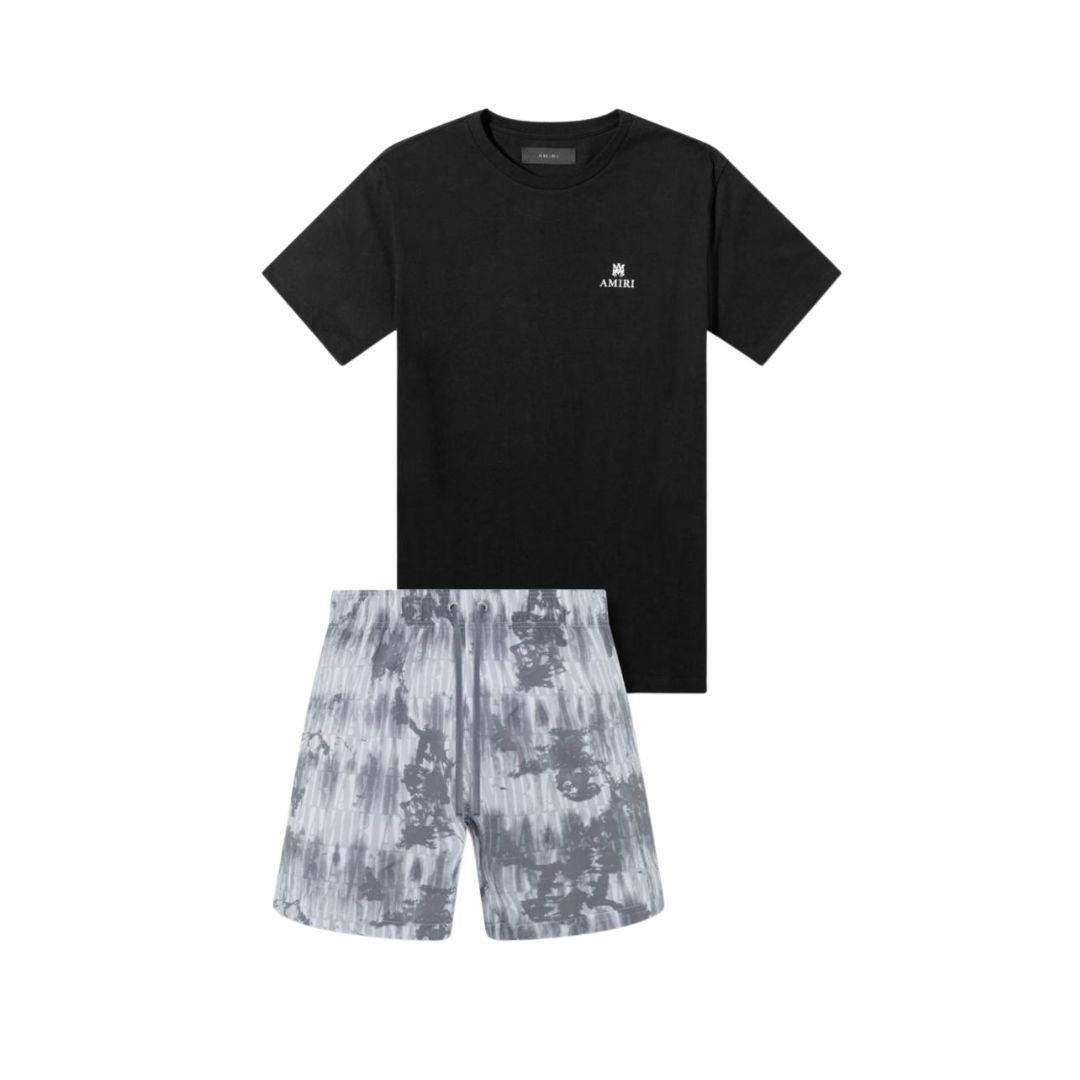 AMIRI Midnight Marble Co-ord Set (Black Tee & Grey Patterned Shorts)