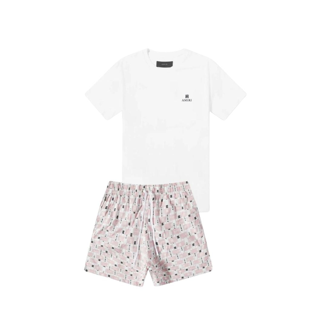 AMIRI Blush Script Co-ord Set (White Tee & Pink Monogram Shorts)