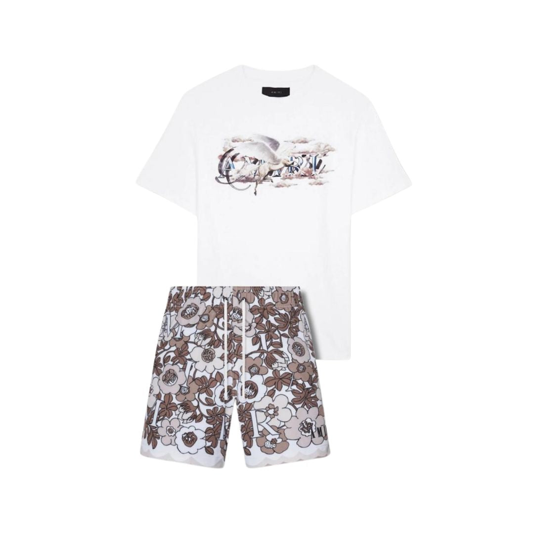 AMIRI Crane Graphic Tee & Floral Monogram Shorts Co-ord Set