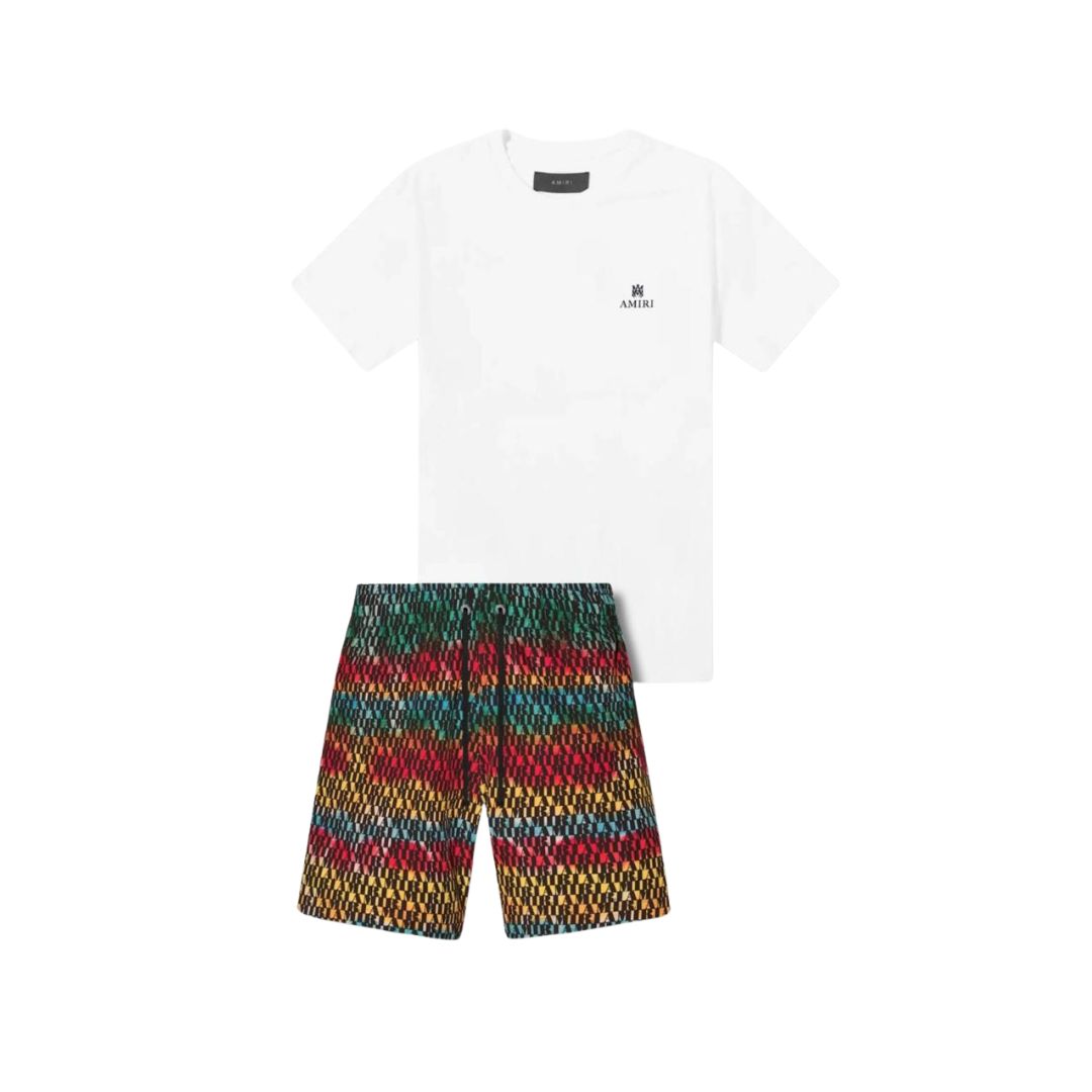 AMIRI White Logo Tee & Multicolor Patterned Shorts Co-ord Set