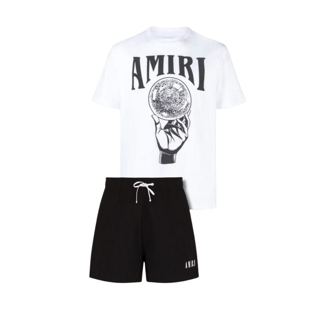AMIRI Crystal Ball Graphic Tee & Black Shorts Co-ord Set