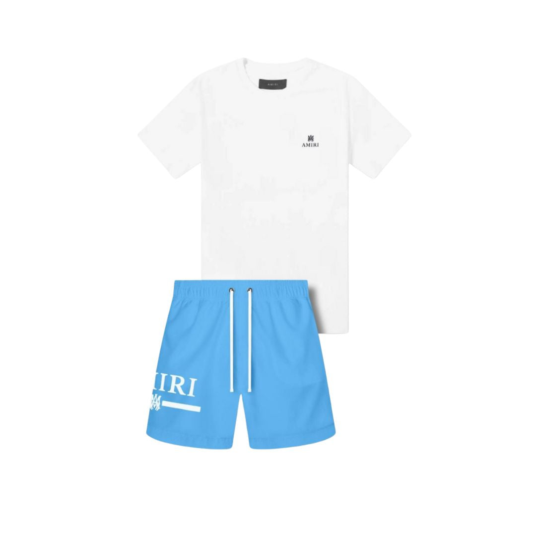 AMIRI White Logo Tee & Sky Blue Shorts Co-ord Set
