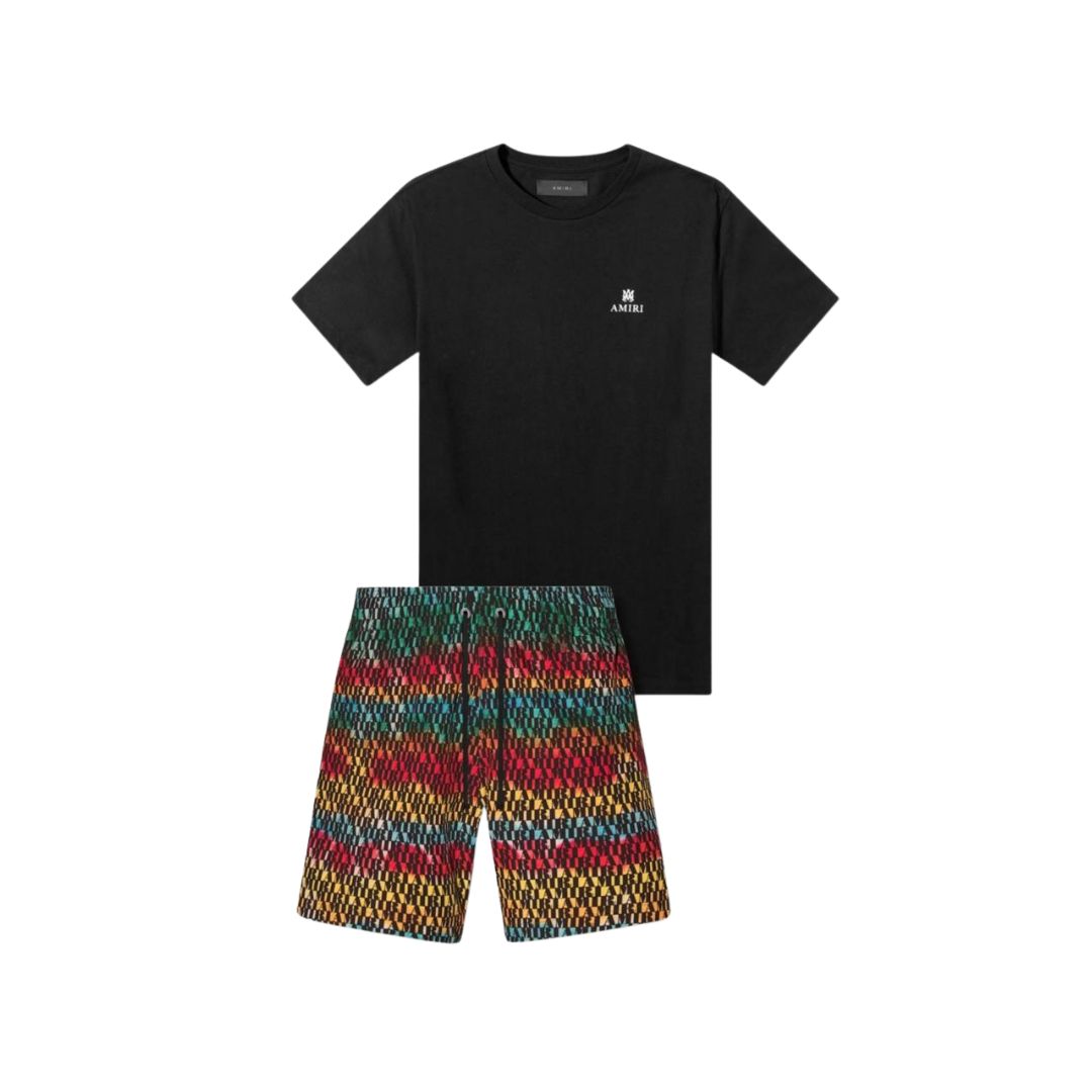 AMIRI Black Logo Tee & Multicolor Patterned Shorts Co-ord Set