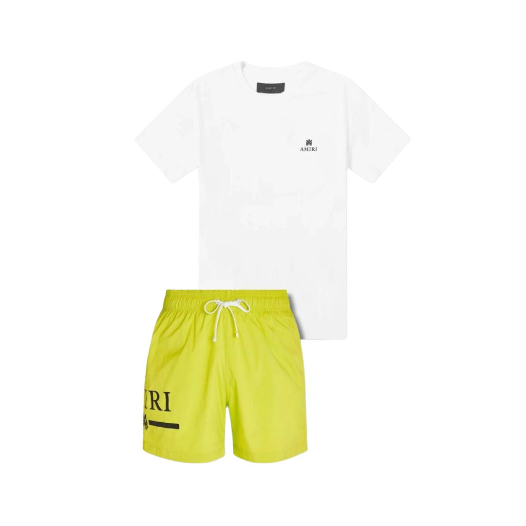 AMIRI White Logo Tee & Neon Yellow Shorts Co-ord Set