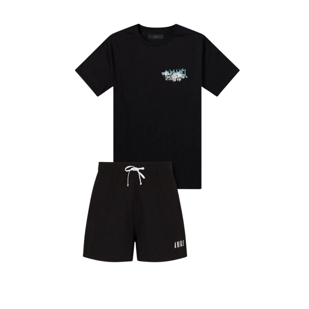 AMIRI Floral Crest Logo Tee & Black Shorts Co-ord Set