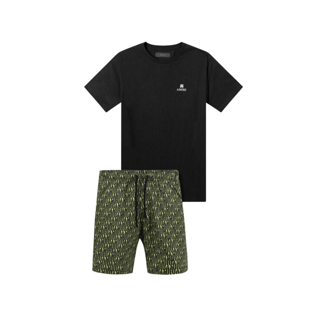 AMIRI Black Logo Tee & Green Monogram Print Shorts Co-ord Set
