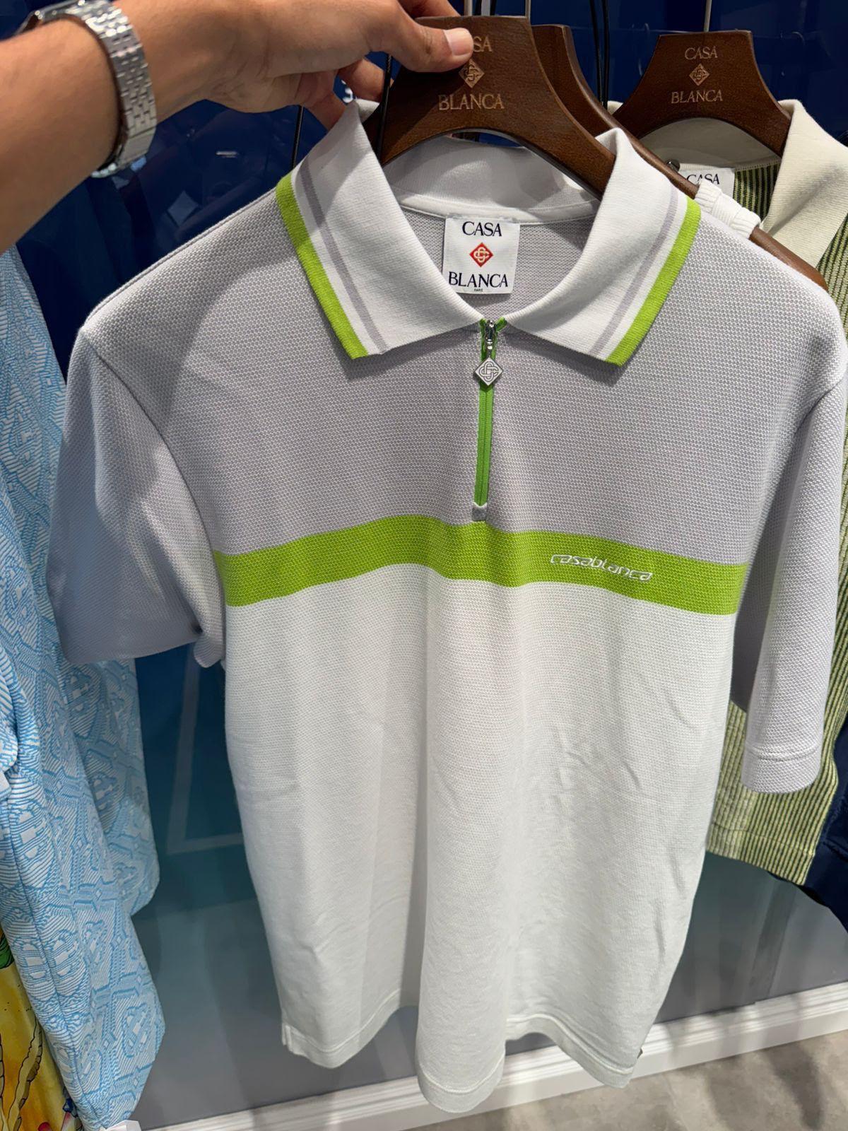Men White Chest Stripe Half Zip Polo