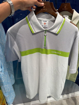 Men White Chest Stripe Half Zip Polo