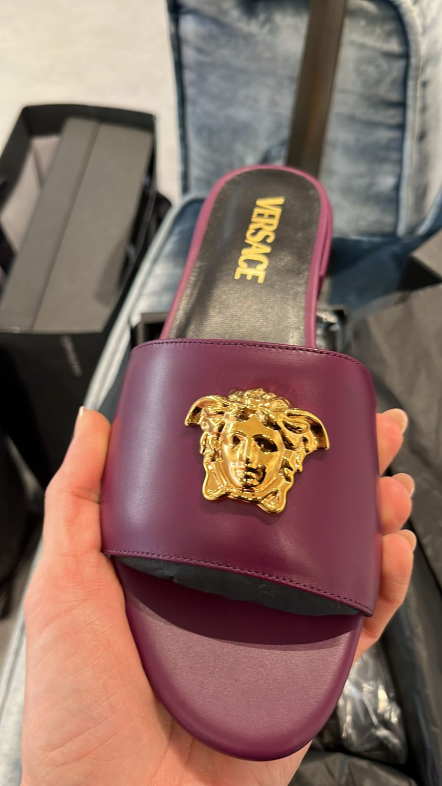 Versace Plum Purple Gold Medusa Heeled Sandals