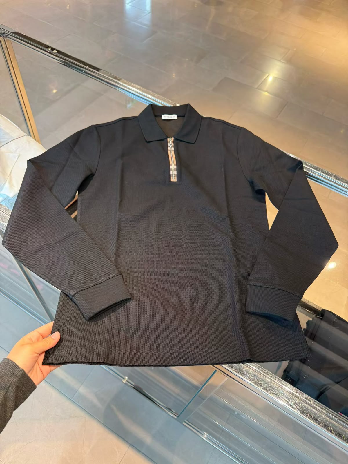 Burberry 'Hartford' Long Sleeve Check Placket Zip Polo