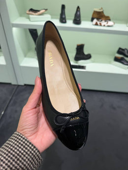 Prada Black Leather and Patent Leather Cap Toe Bow Ballet Flats