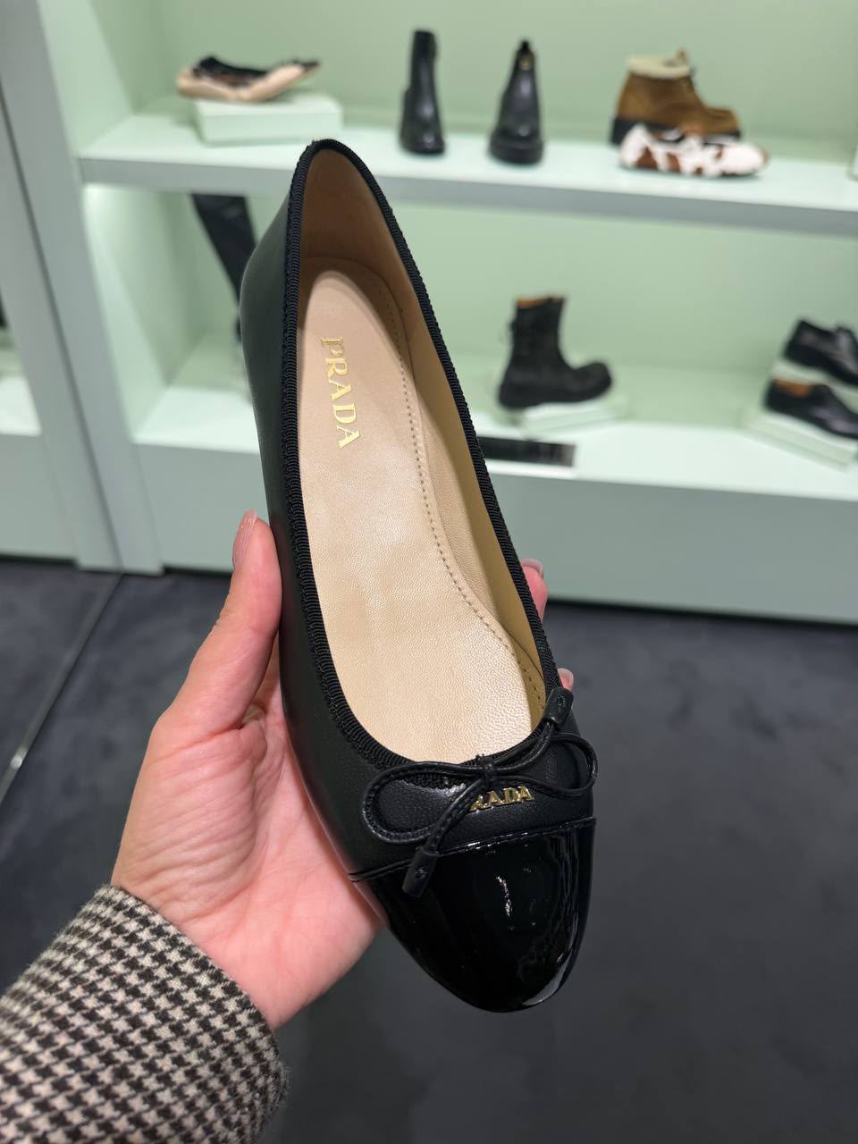 Prada Black Leather and Patent Leather Cap Toe Bow Ballet Flats