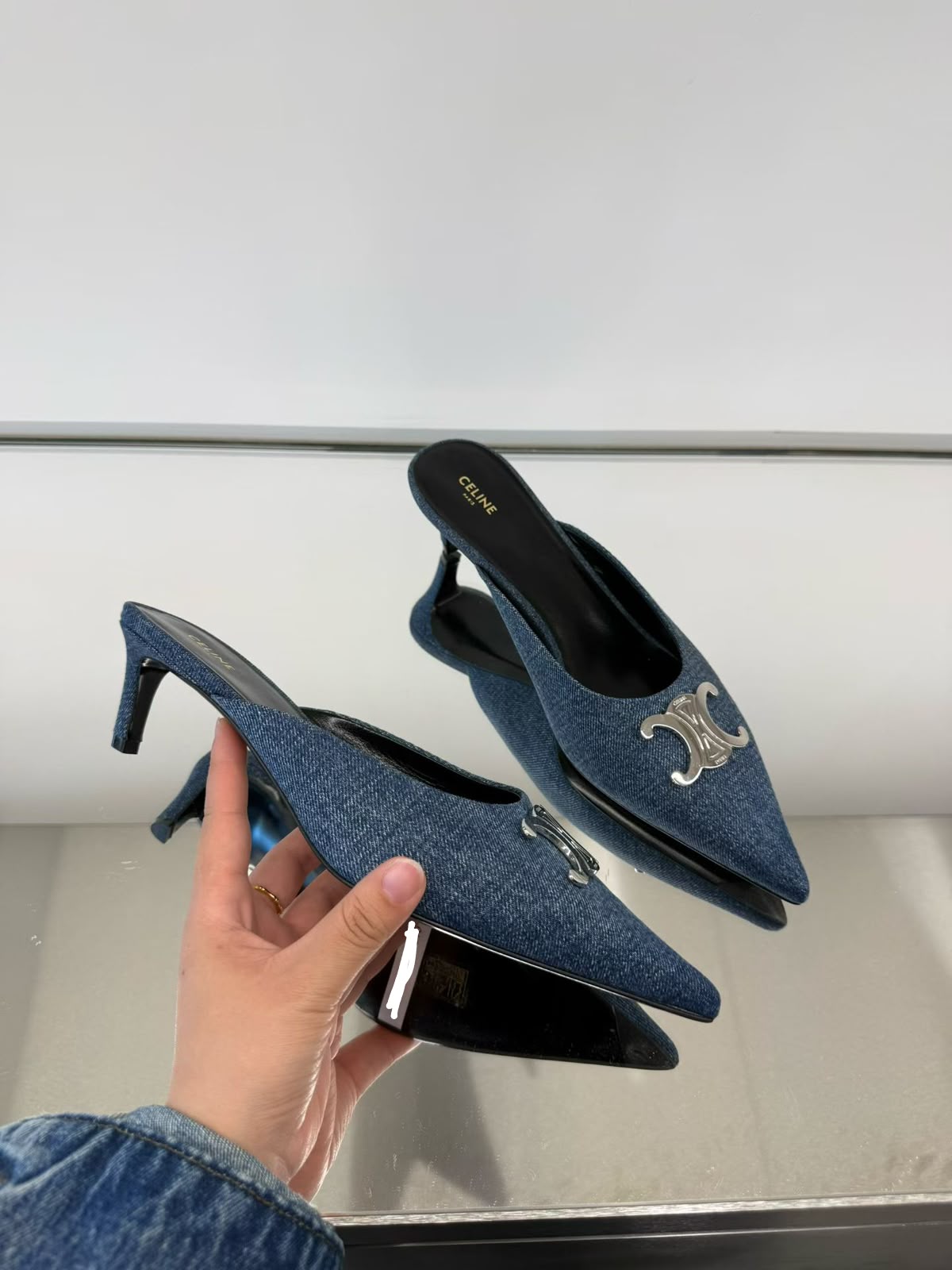 Celine Alma Triomphe Mules in Blue Denim