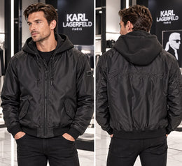 Karl Lagerfeld black nylon hooded bomber jacket