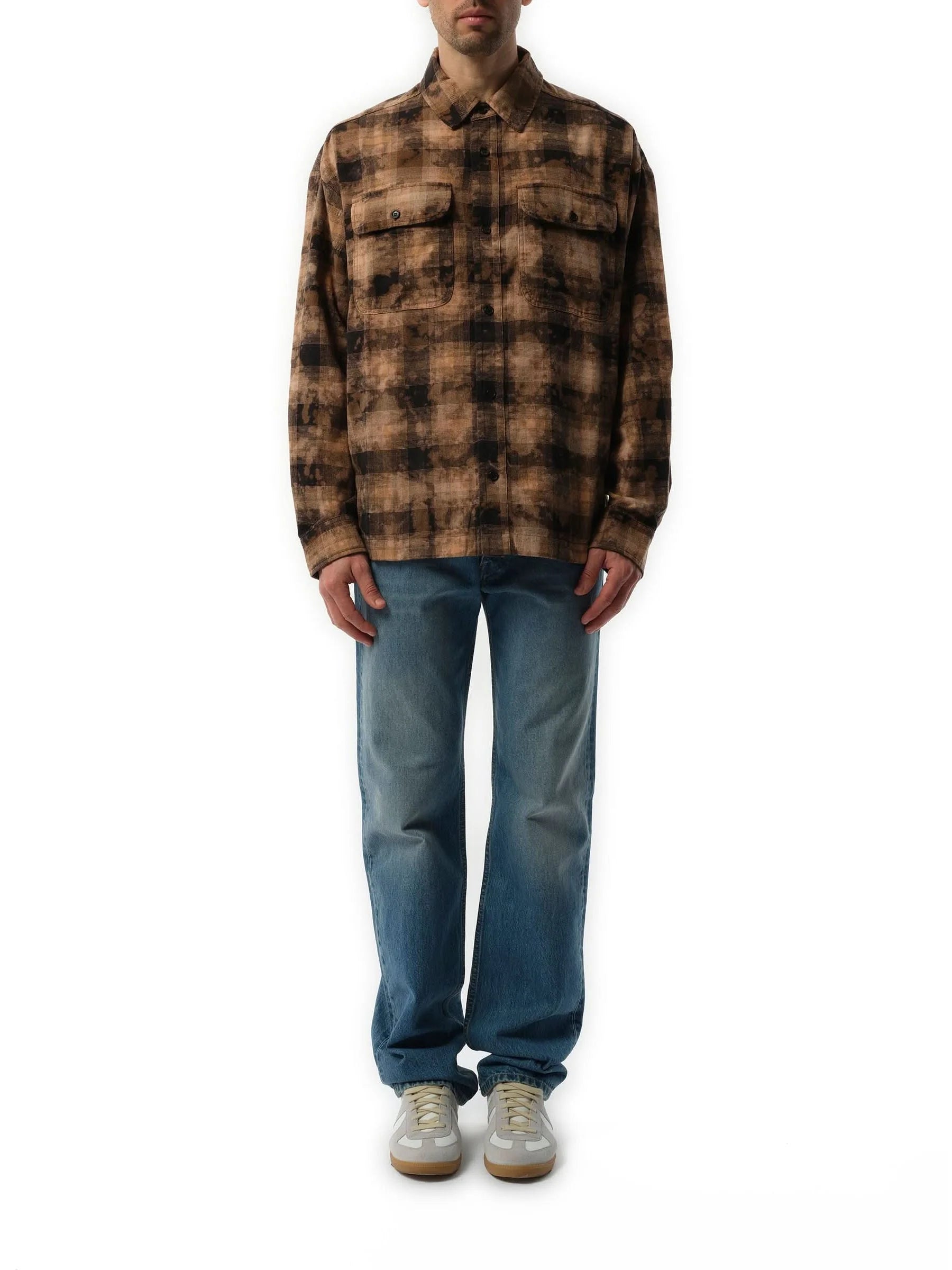 Long Sleeve Curved Logo Check Shirt in Brown/Off White