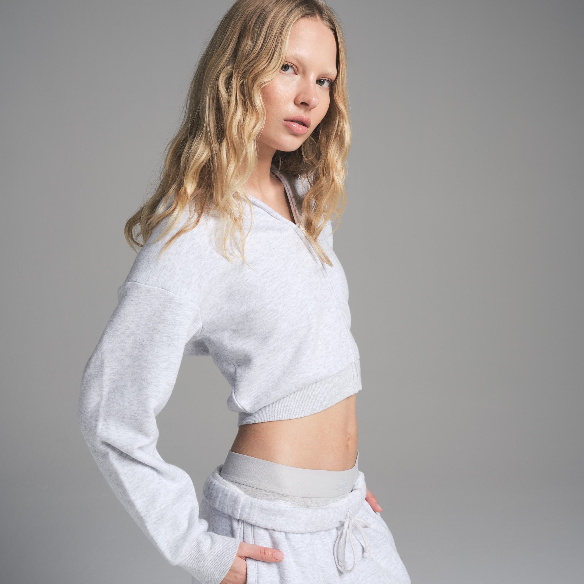 COTTON FLEECE SHRUNKEN ZIP UP HOODIE | LIGHT HEATHER GREY