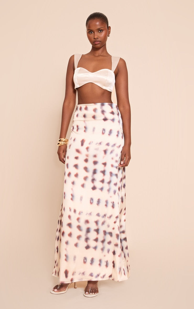 Stone Blurred Printed Satin Maxi Skirt