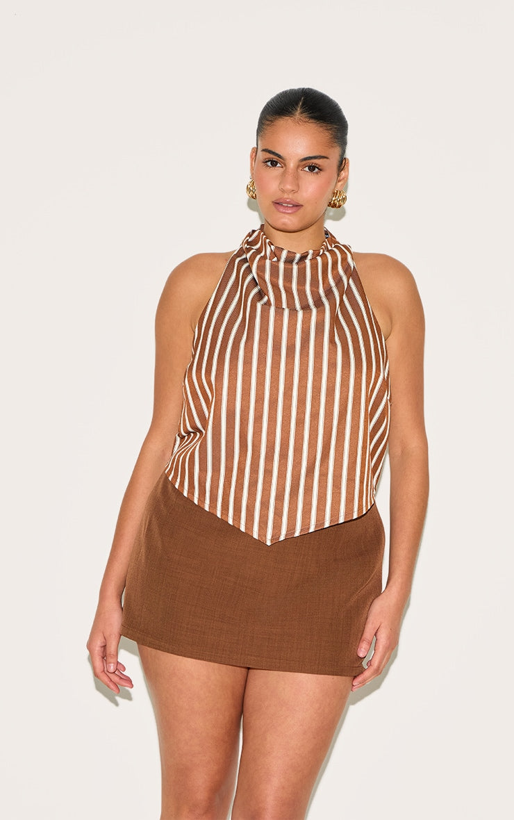 Plus Chestnut Cotton Look Striped Halterneck Top