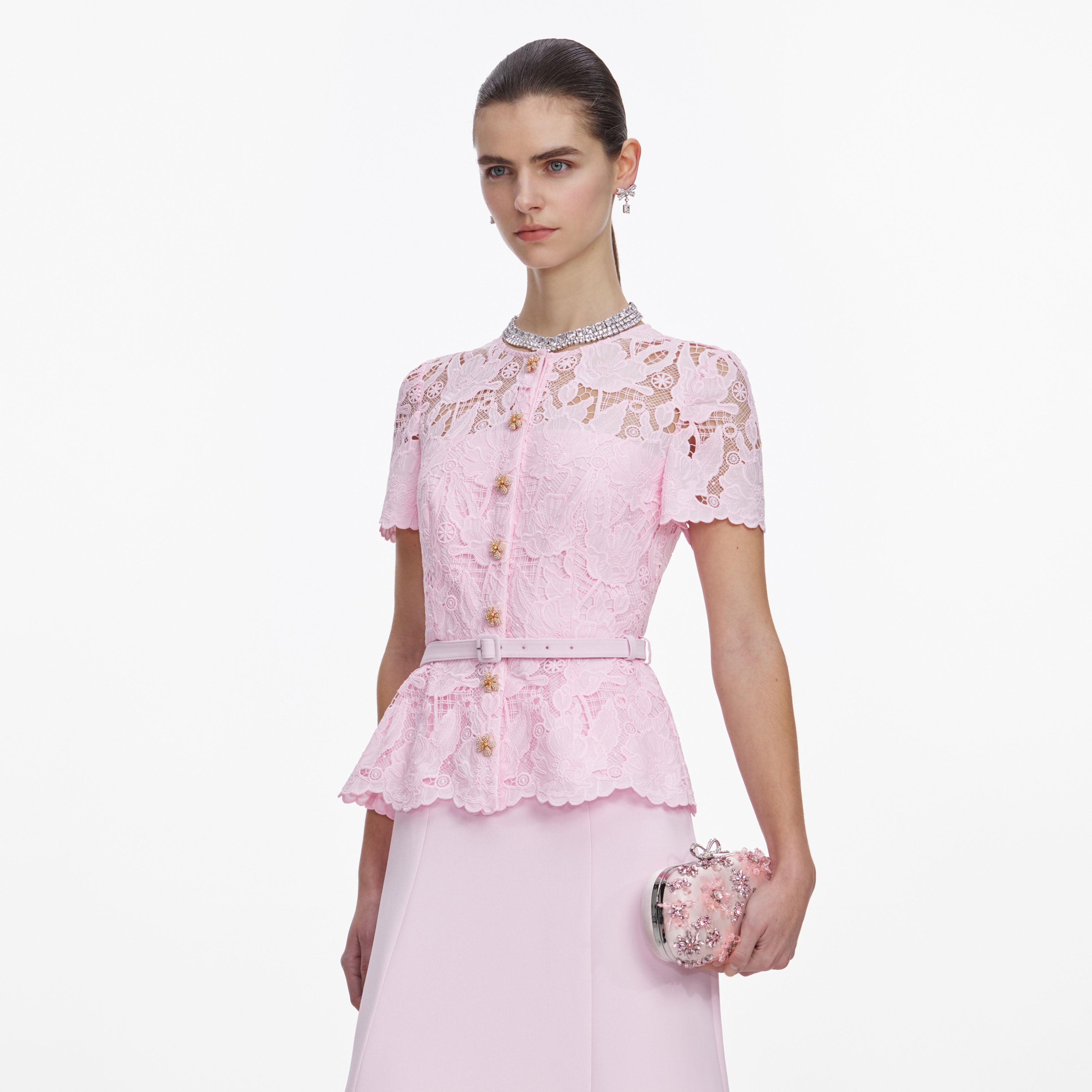 Pink Satin Floral Crystal Clutch