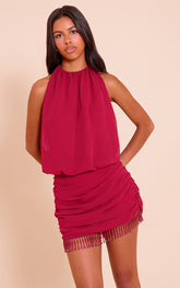 Petite Deep Red Chiffon Halterneck Open Back Trim Detail Bodycon Ruched Dress